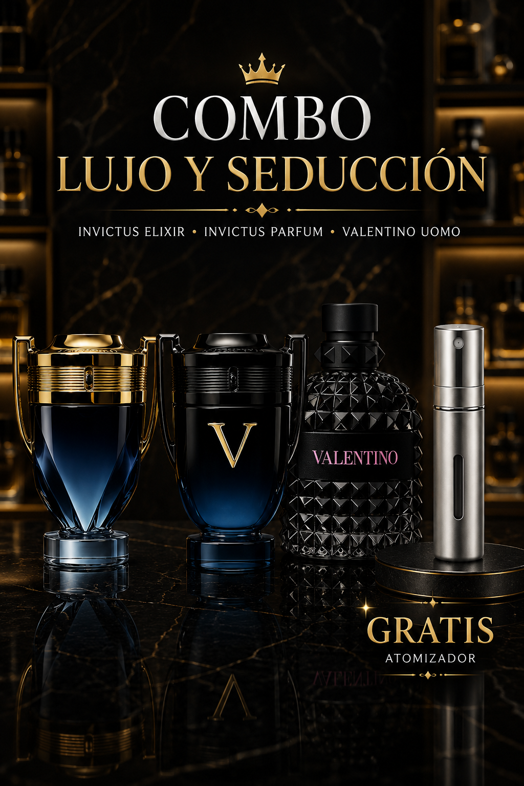 🖤 COMBO LUJO Y SEDUCCIÓN 🖤 Invictus Elixir • Invictus Parfum • Valentino Uomo + Atomizador GRATIS ✨